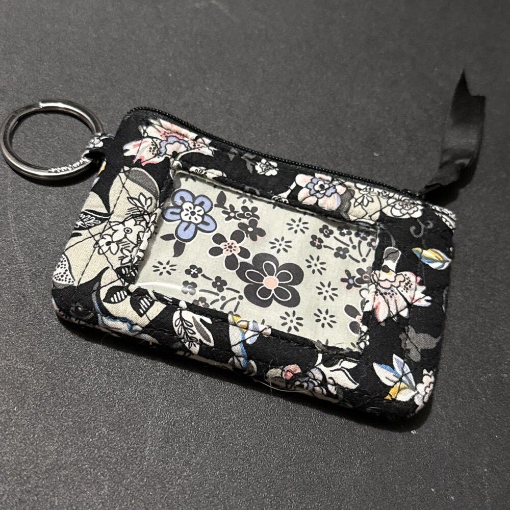 Vera Bradley Zip ID Case Wallet Coin Pouch Key Ring Black White Floral